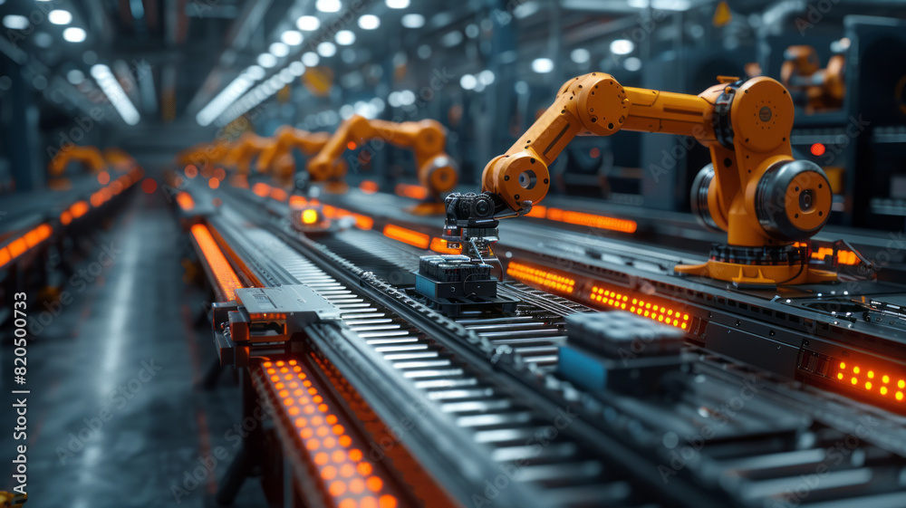 Fototapeta premium Control unit directs robotic arms in a logistics setting, orchestrating product placement on conveyor belts.generative ai