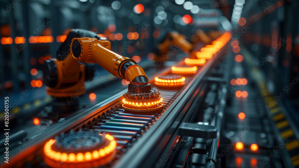 Control unit directs robotic arms in a logistics setting, orchestrating product placement on conveyor belts.generative ai Control unit directs robotic arms in a logistics setting, orchestrating product placement on conveyor belts.generative ai