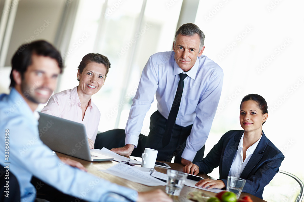 Happy, business people or team with laptop in office for meeting, discussion and deal negotiation. Corporate, colleagues or employees smiling in boardroom together for contract, review and feedback Happy, business people or team with laptop in office for meeting, discussion and deal negotiation. Corporate, colleagues or employees smiling in boardroom together for contract, review and feedback
