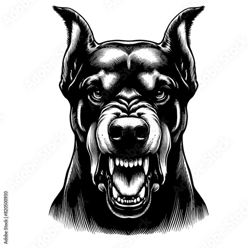 Hand drawn illustration of fierce doberman dog, vector sketch isolated on transparent background.