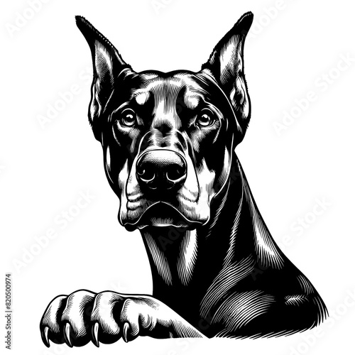 Hand drawn illustration of fierce doberman dog, vector sketch isolated on transparent background.