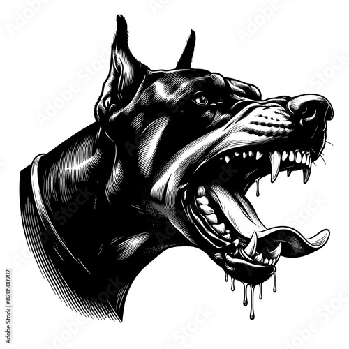 Hand drawn illustration of fierce doberman dog, vector sketch isolated on transparent background.