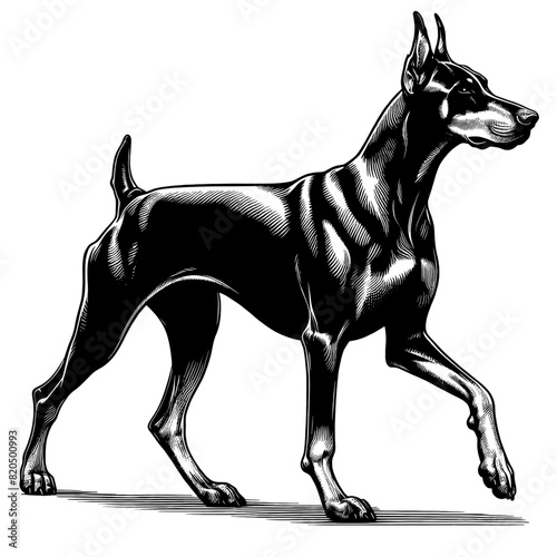 Hand drawn illustration of fierce doberman dog, vector sketch isolated on transparent background.