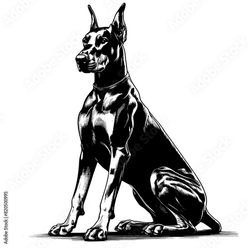Hand drawn illustration of fierce doberman dog, vector sketch isolated on transparent background.