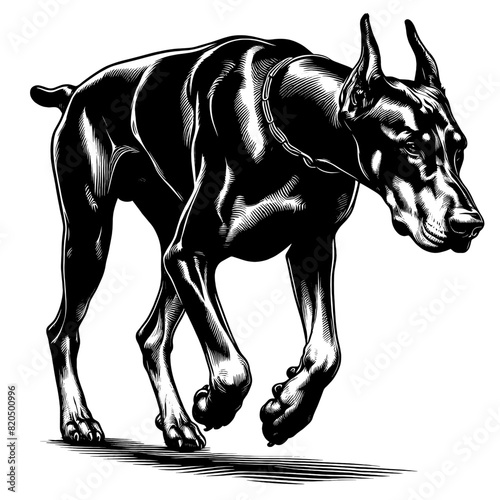 Hand drawn illustration of fierce doberman dog, vector sketch isolated on transparent background.