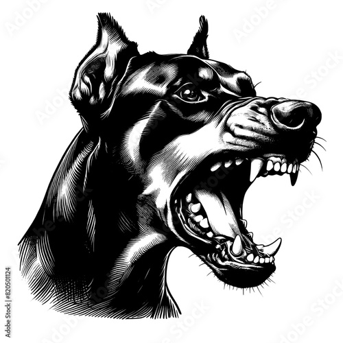 Hand drawn illustration of fierce doberman dog, vector sketch isolated on transparent background.