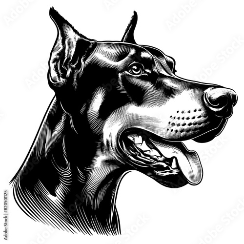 Hand drawn illustration of fierce doberman dog, vector sketch isolated on transparent background.