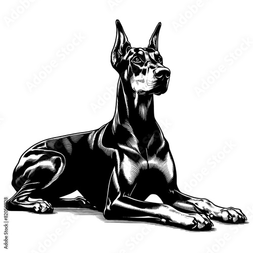 Hand drawn illustration of fierce doberman dog, vector sketch isolated on transparent background.