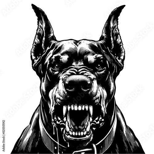 Hand drawn illustration of fierce doberman dog, vector sketch isolated on transparent background.