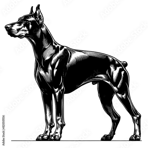 Hand drawn illustration of fierce doberman dog, vector sketch isolated on transparent background.