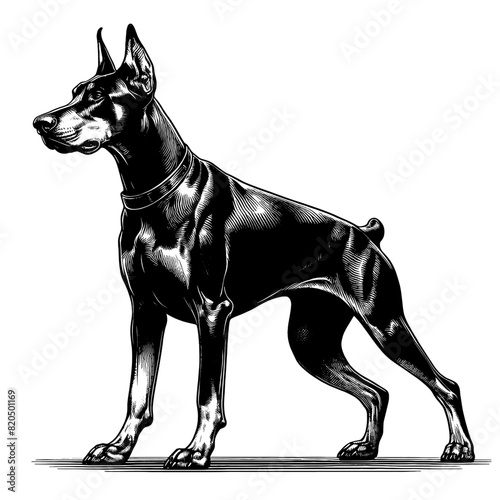 Hand drawn illustration of fierce doberman dog, vector sketch isolated on transparent background.