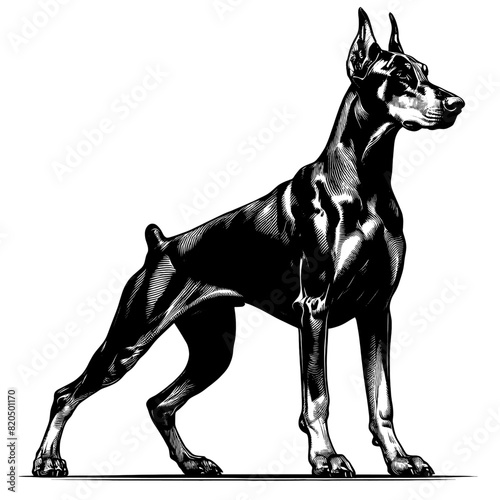 Hand drawn illustration of fierce doberman dog, vector sketch isolated on transparent background.