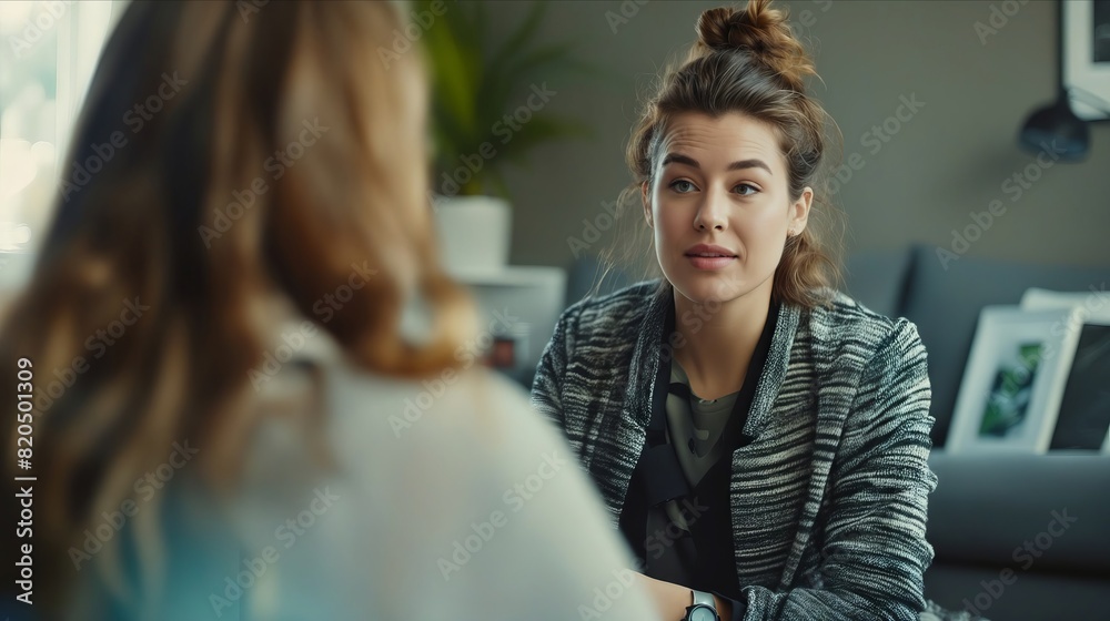 A woman talking to another woman in a living room. A woman talking to another woman in a living room.