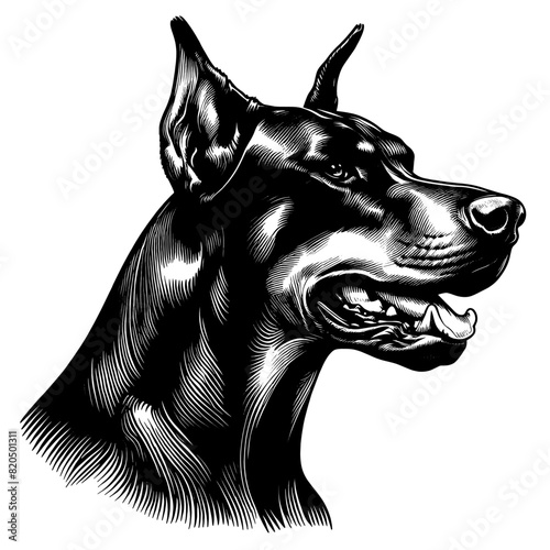 Hand drawn illustration of fierce doberman dog, vector sketch isolated on transparent background.