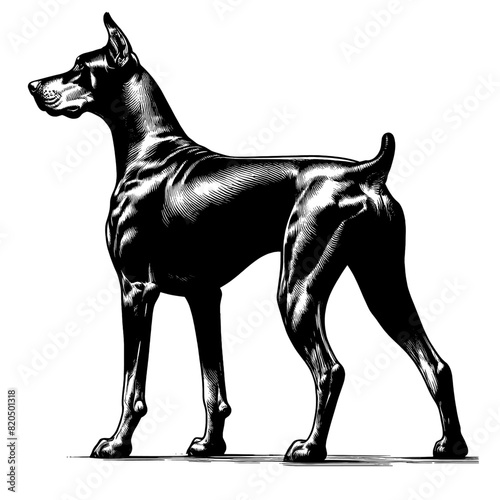 Hand drawn illustration of fierce doberman dog, vector sketch isolated on transparent background.