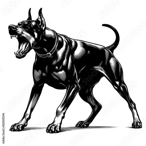 Hand drawn illustration of fierce doberman dog, vector sketch isolated on transparent background.