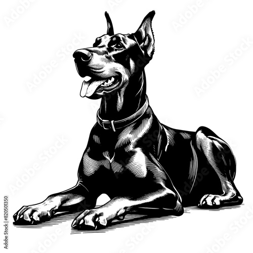 Hand drawn illustration of fierce doberman dog, vector sketch isolated on transparent background.
