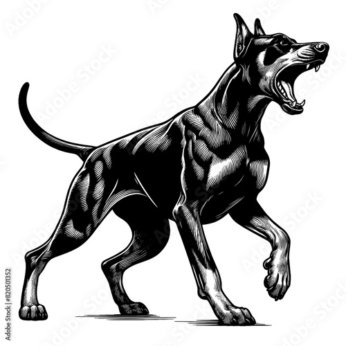 Hand drawn illustration of fierce doberman dog, vector sketch isolated on transparent background.