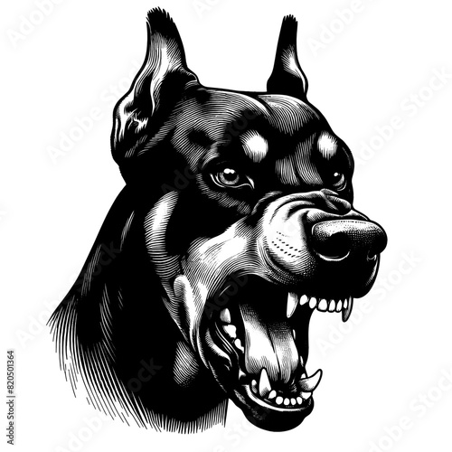 Hand drawn illustration of fierce doberman dog, vector sketch isolated on transparent background.