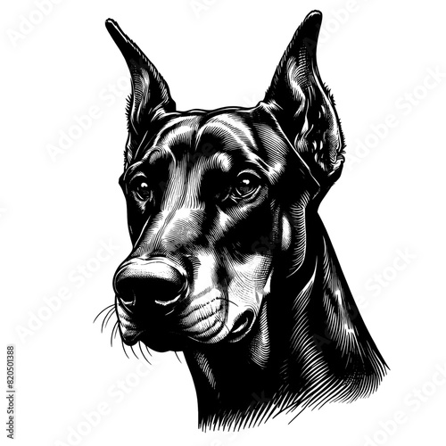 Hand drawn illustration of fierce doberman dog, vector sketch isolated on transparent background.