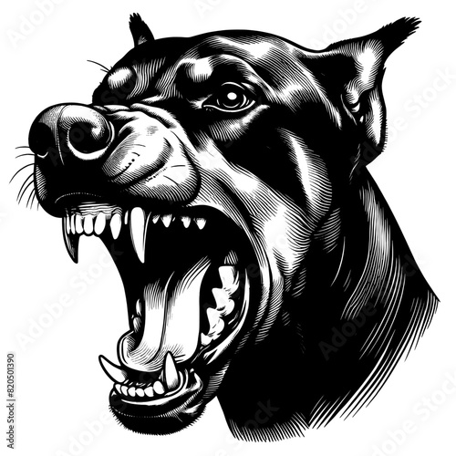 Hand drawn illustration of fierce doberman dog, vector sketch isolated on transparent background.