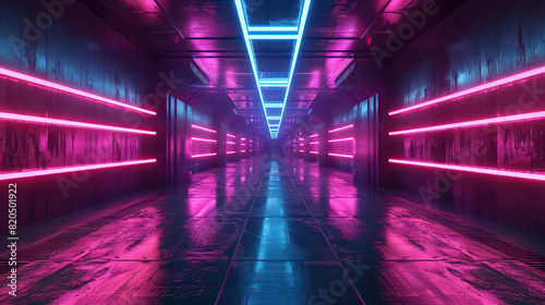 Generative ai Sci Fy neon glowing lines in a dark tunnel and reflections on the floor and ceiling.