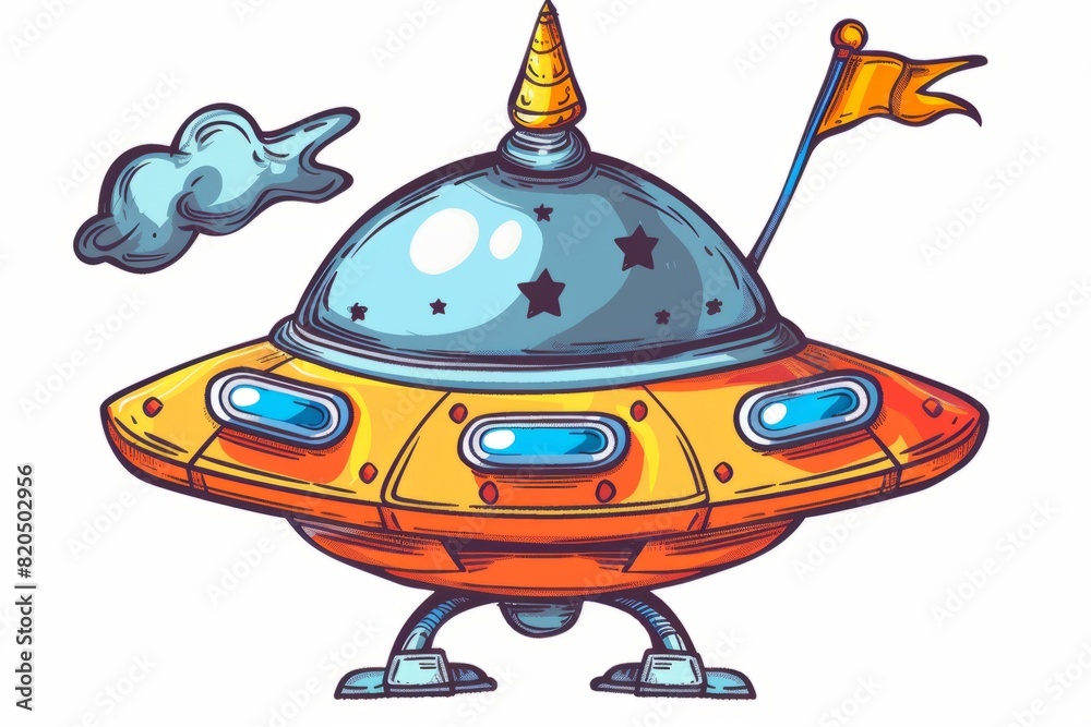 Cartoon cute doodles of a friendly alien spaceship with antennas and a waving flag, Generative AI Cartoon cute doodles of a friendly alien spaceship with antennas and a waving flag, Generative AI