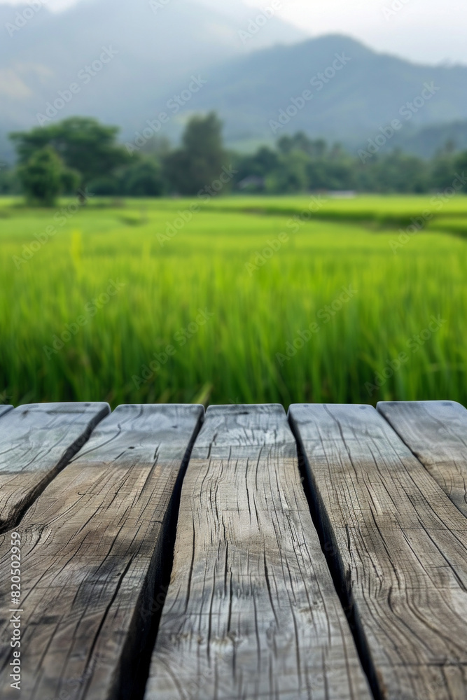 A wooden desk top with blurred background of paddy field. Good for background A wooden desk top with blurred background of paddy field. Good for background