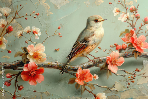 A beautiful bird on branch, Pink flowers. Created with Ai © Digital Canvas