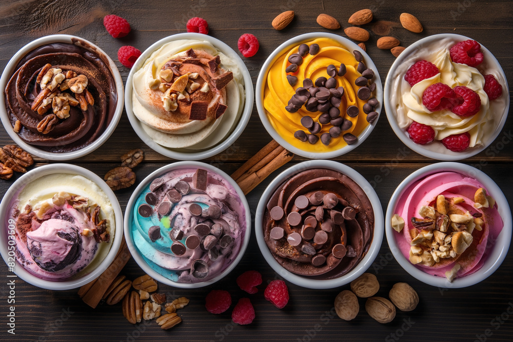colorful art inspired food packaging for an ice cream parlor, featuring a dynamic image of ice cream topped with rich chocolate and nuts 