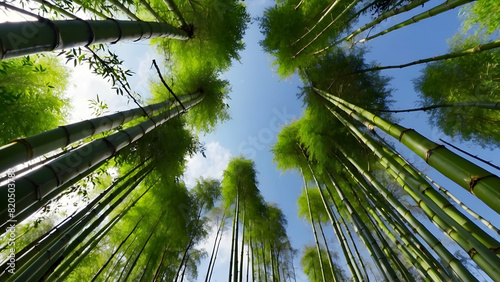 Green bamboo background. From the bottom to the top view of grove of bamboo garden. Meditative and buddhism concept