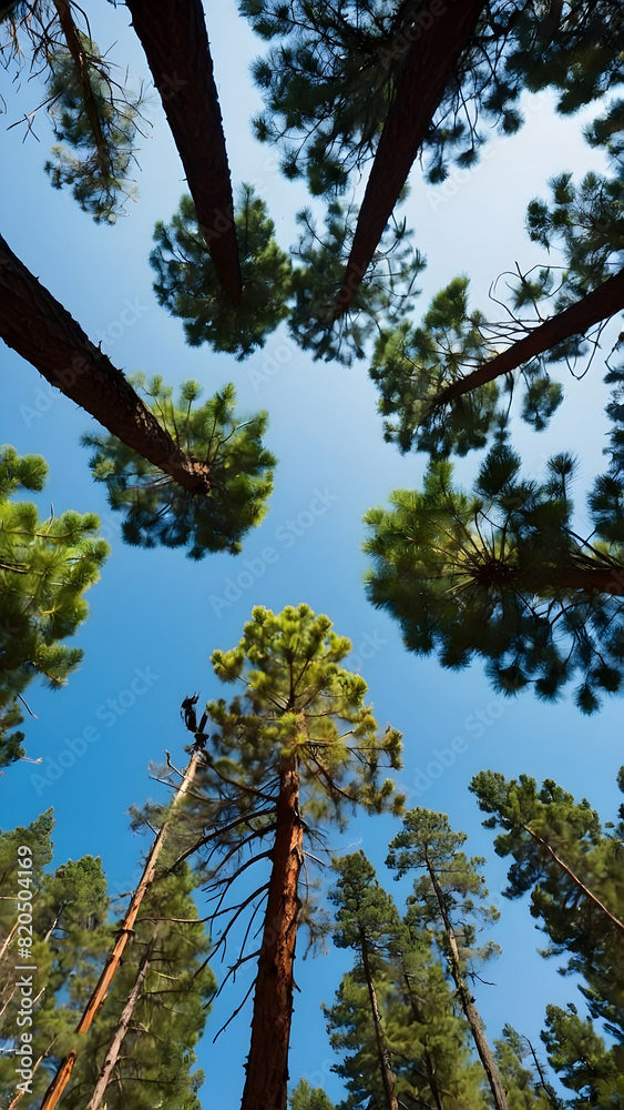 Bottom view of pine trees. Summer background theme for camping and hiking. Portrait background Bottom view of pine trees. Summer background theme for camping and hiking. Portrait background