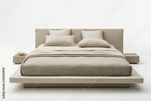 Comfy stylish and inviting kingsize bed with neutral linen bedding and pillows in a bright airy room photo