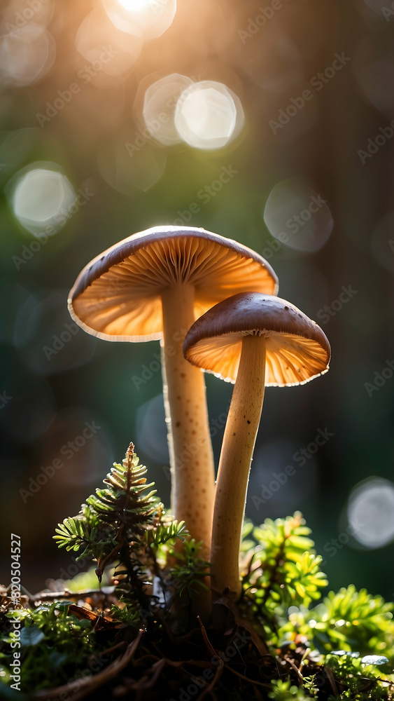 Fototapeta premium Purple mushroom in the forest. Macro view of tiny mushroom
