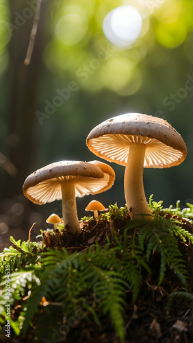 Beautiful close up of mushroom in forest, bokeh background