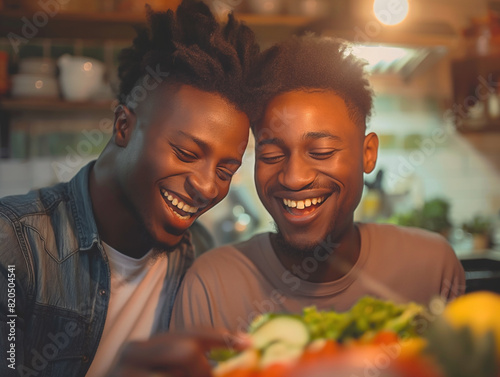 Pride  male couple cooking together in a cozy kitchen. Capture their joyful expressions and the loving connection between them 