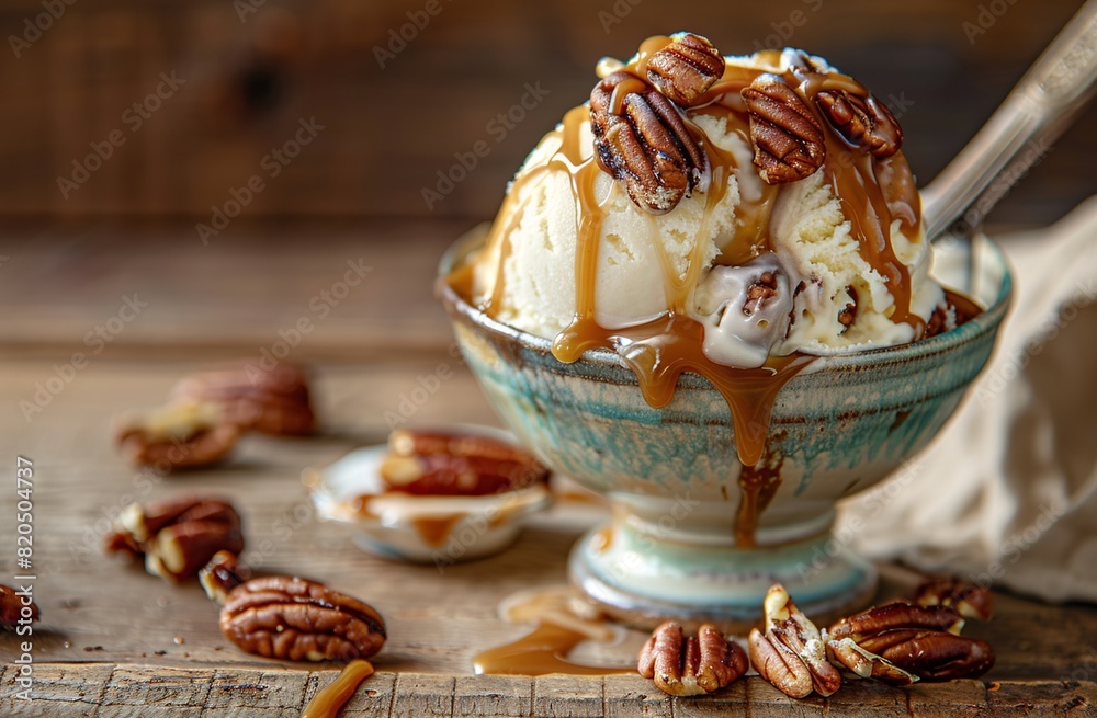 A bowl of ice cream with walnuts on top, with a creamy texture and rich amber color