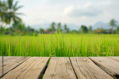 A wooden desk top with blurred background of paddy field. Good for background 