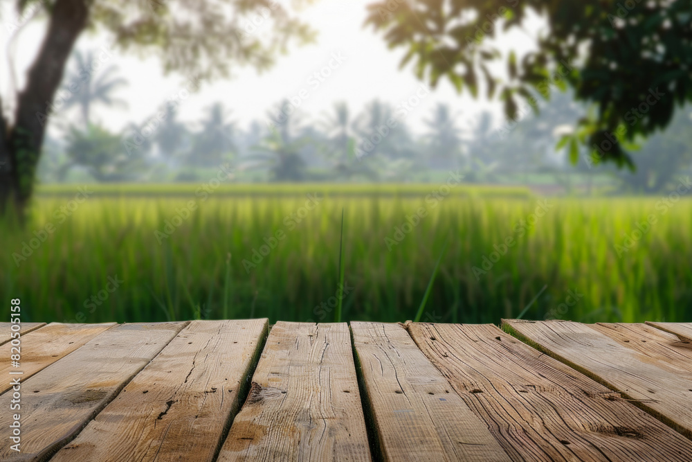 A wooden desk top with blurred background of paddy field. Good for background A wooden desk top with blurred background of paddy field. Good for background