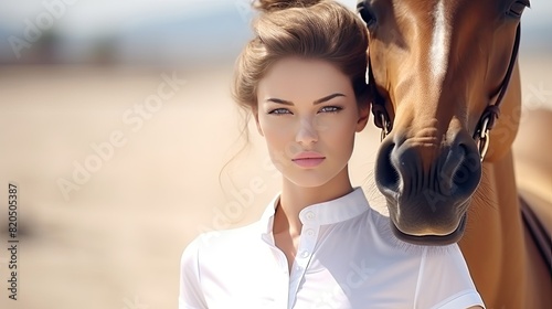 Stylish portrait of a female horsewoman with her horse. Cropped photo. Close-up. photo