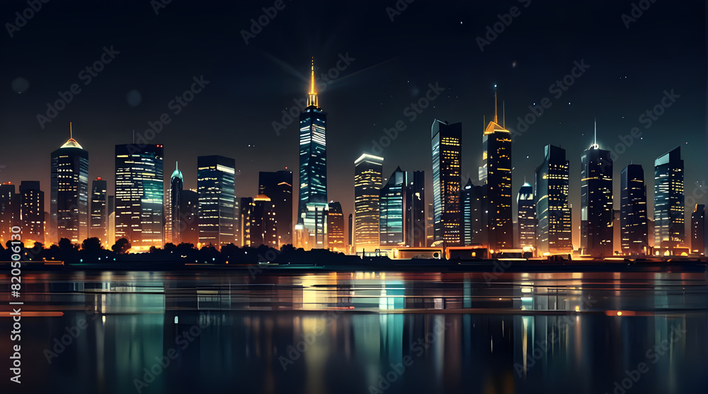 Fototapeta premium Modern artistic neon effect urban city or skyscrapers background and futuristic townscapes ai generative