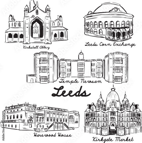 Leeds landmarks sketch. Kirstall Abbey, Leeds Corn Exchange, Temple Newsam, Harewood House, Kirkgate Market ink illustrations. Architecture minimal drawings in black and white. Isolated on white. 