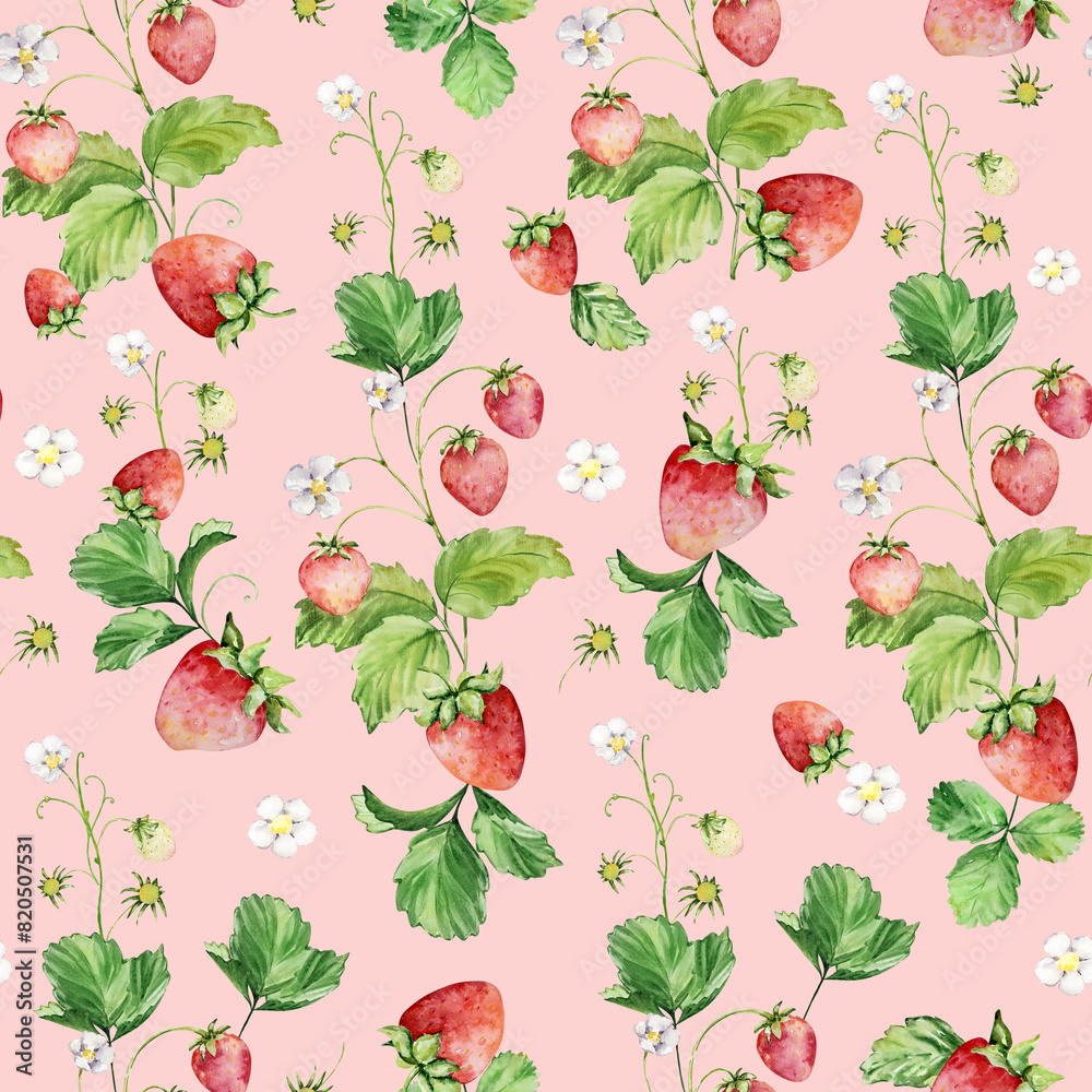 Seamless pattern of watercolor strawberries on a branch with flowers and leaves Seamless pattern of watercolor strawberries on a branch with flowers and leaves
