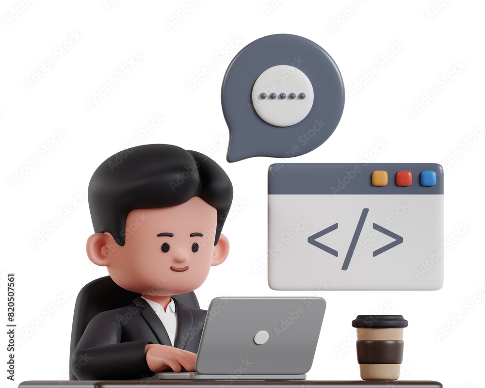 programmer in black formal wear typing programming software code, coding concept 3d illustration on white background programmer in black formal wear typing programming software code, coding concept 3d illustration on white background