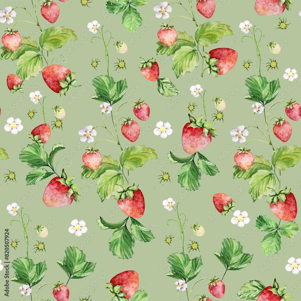 Seamless pattern of watercolor strawberries on a branch with flowers and leaves Seamless pattern of watercolor strawberries on a branch with flowers and leaves