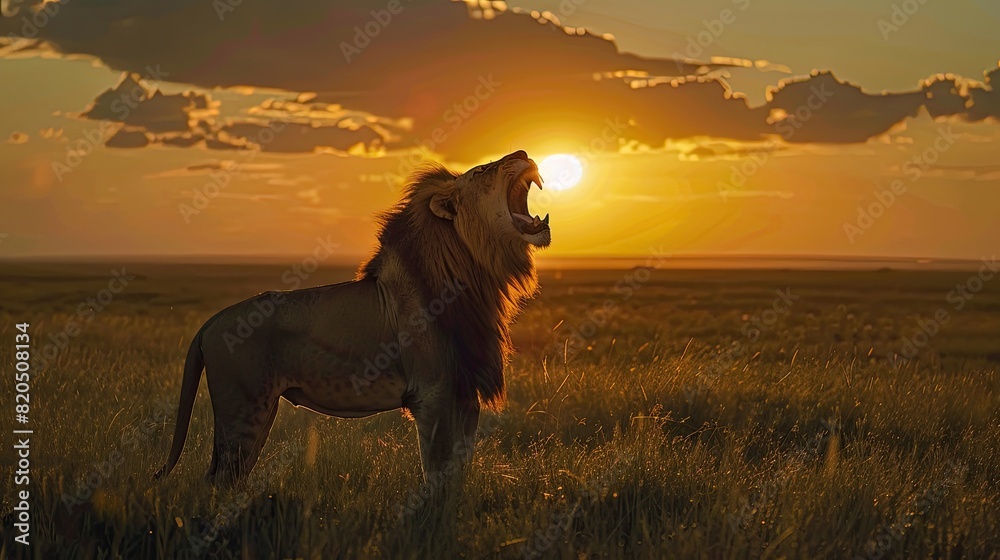 A majestic lion roaring in the savanna with the sunset in the background, isolated on a green background A majestic lion roaring in the savanna with the sunset in the background, isolated on a green background