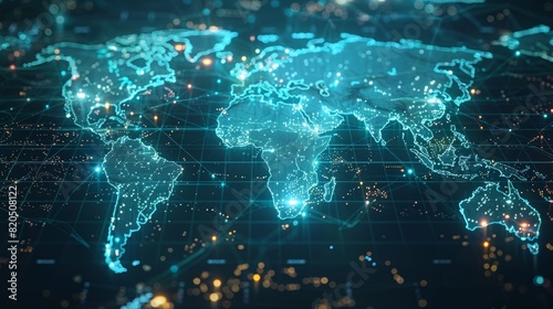 Glowing blue world map on a dark background.
