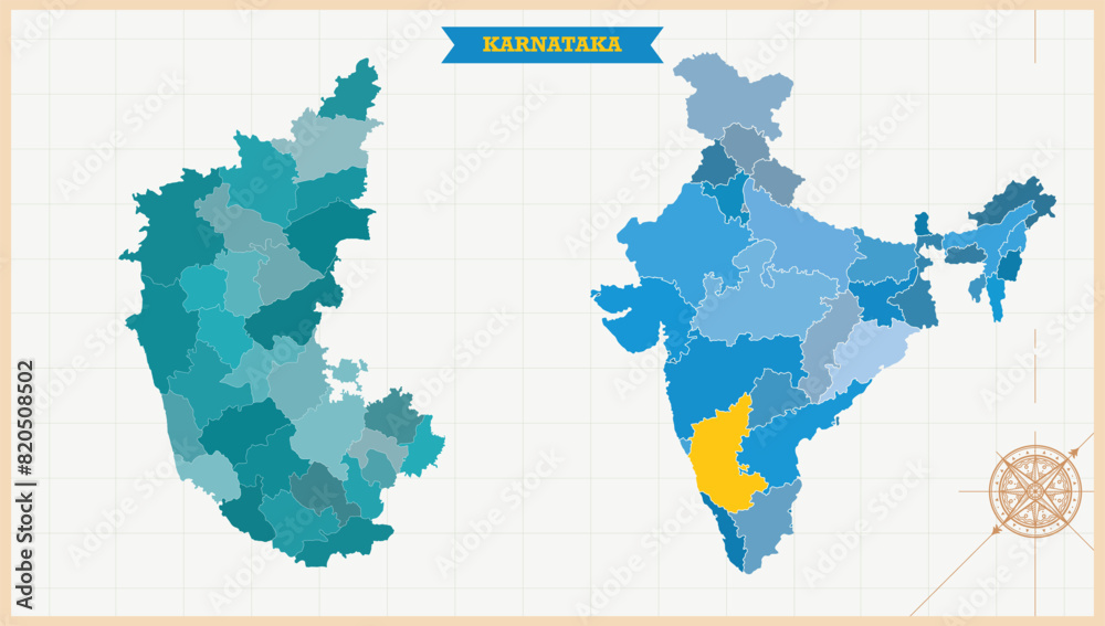 A Map highlighting Karnataka in the India Map, Karnataka and India