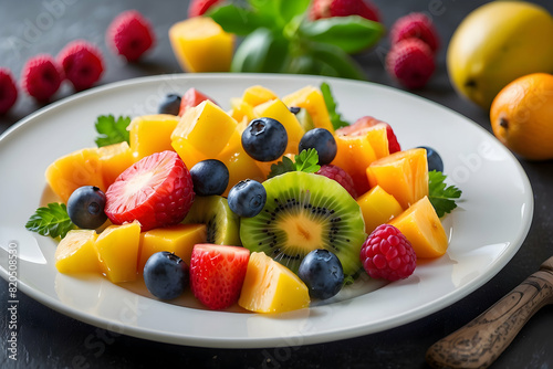 Top view of tropical fruit salad on white plate. Healthy food. Freshness. Flat lay. Food photography