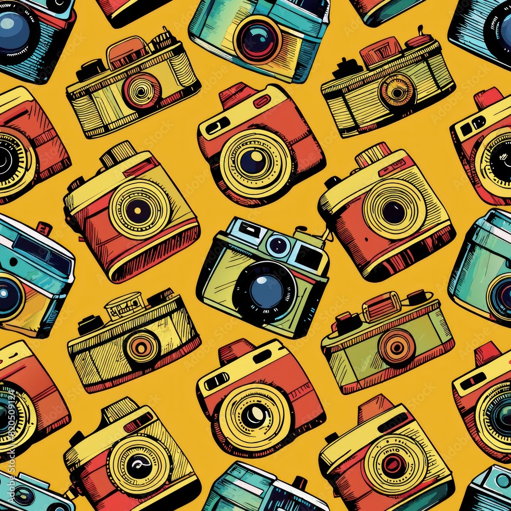 Fototapeta premium Seamless pattern of vintage camera sketches, perfect for wrapping gifts for photography enthusiasts, Generative AI